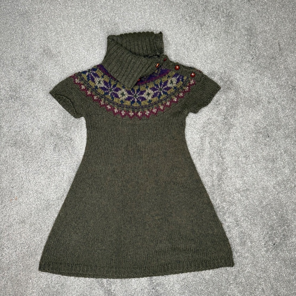 Ralph Lauren Kids Green Wool Blend Fair Isle Knit Turtleneck Dress